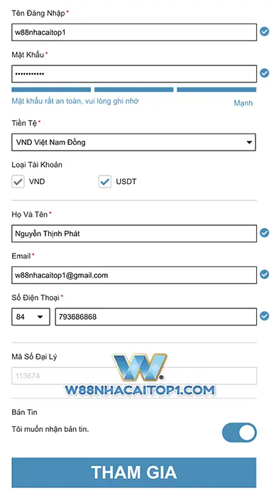 Điền thông tin đăng ký W88 trên PC